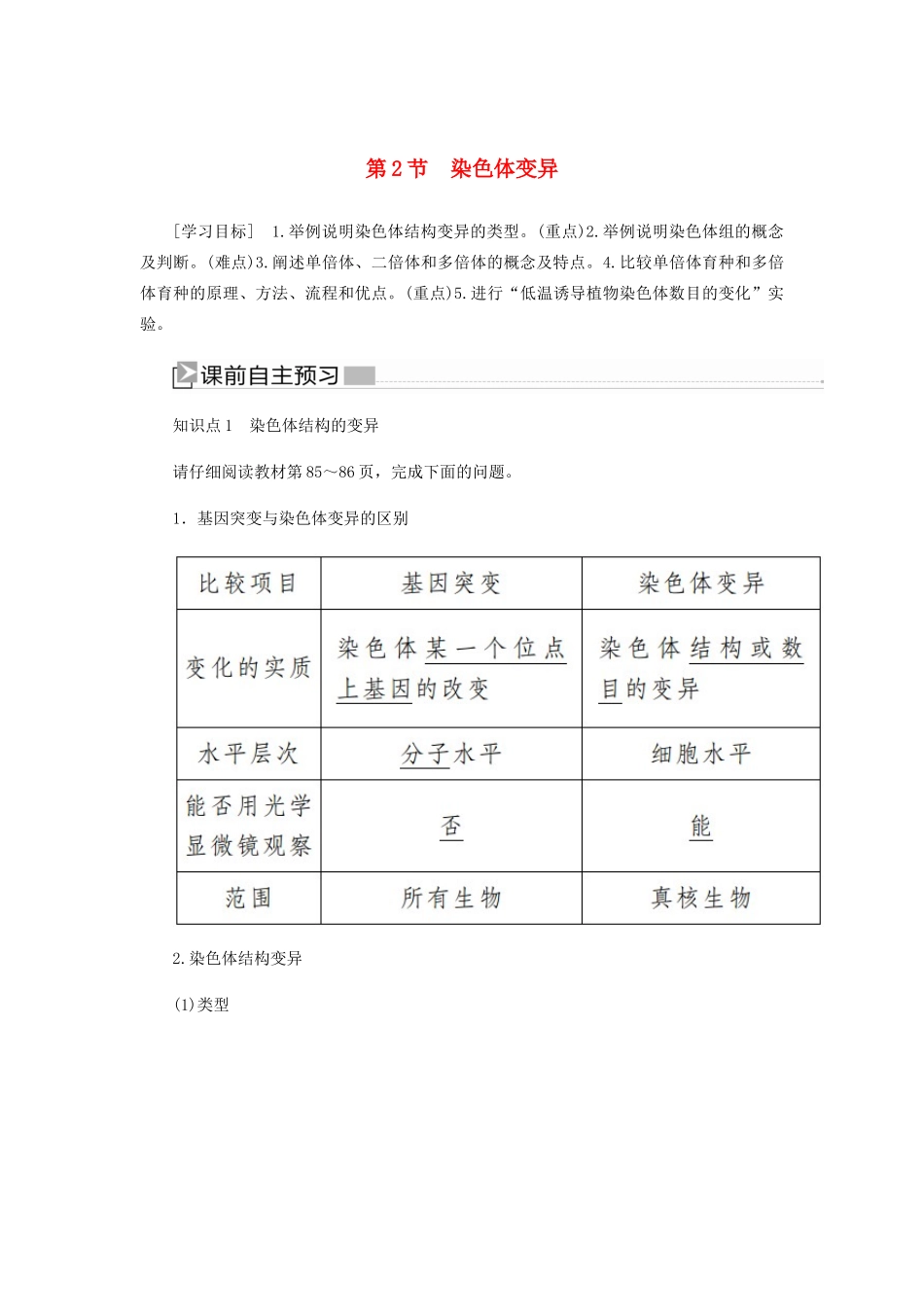 高中生物 第五章 基因突变及其他变异 2 染色体变异学案 新人教版必修2-新人教版高一必修2生物学案_第1页