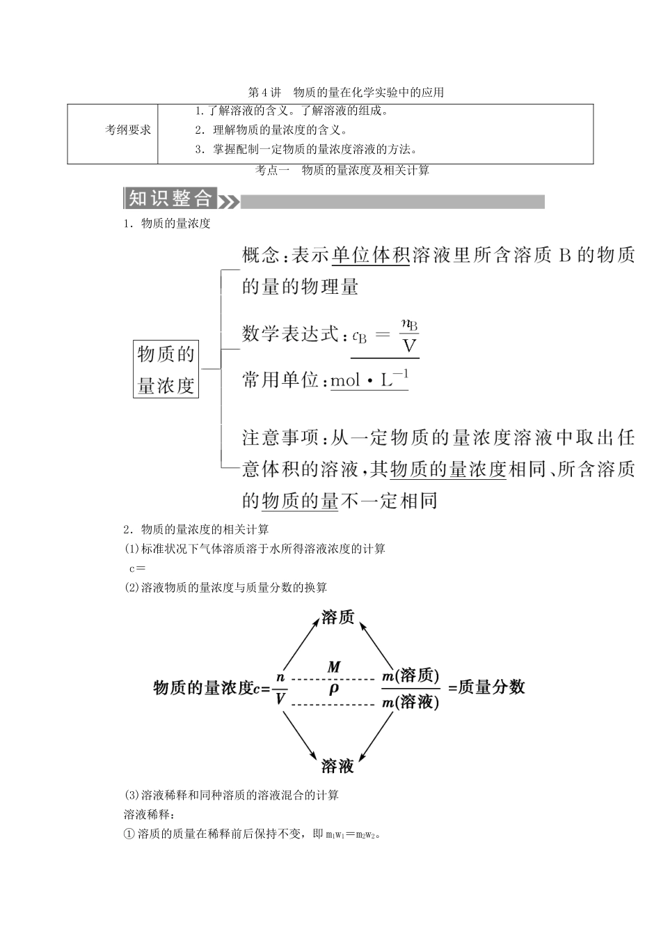 （通用版）高考化学微一轮复习 第4讲 物质的量在化学实验中的应用学案-人教版高三全册化学学案_第1页