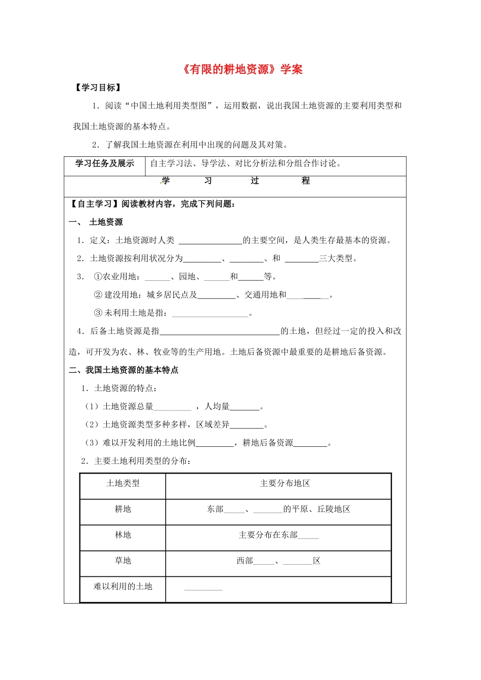 八年级地理上册 3.2 有限的耕地资源学案 晋教版-人教版初中八年级上册地理学案_第1页