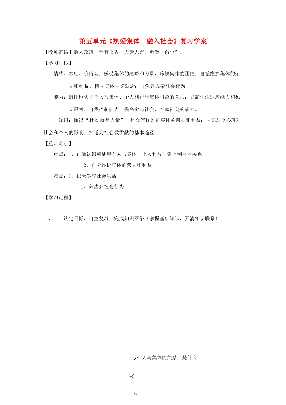 八年级政治下册：第五单元《热爱集体 融入社会》复习学案鲁教版_第1页