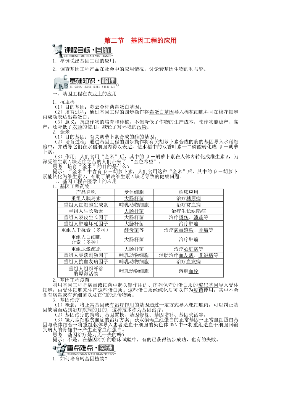 高中生物 第一单元 第一章 第二节 基因工程的应用学案 中图版选修3-中图版高中选修3生物学案_第1页