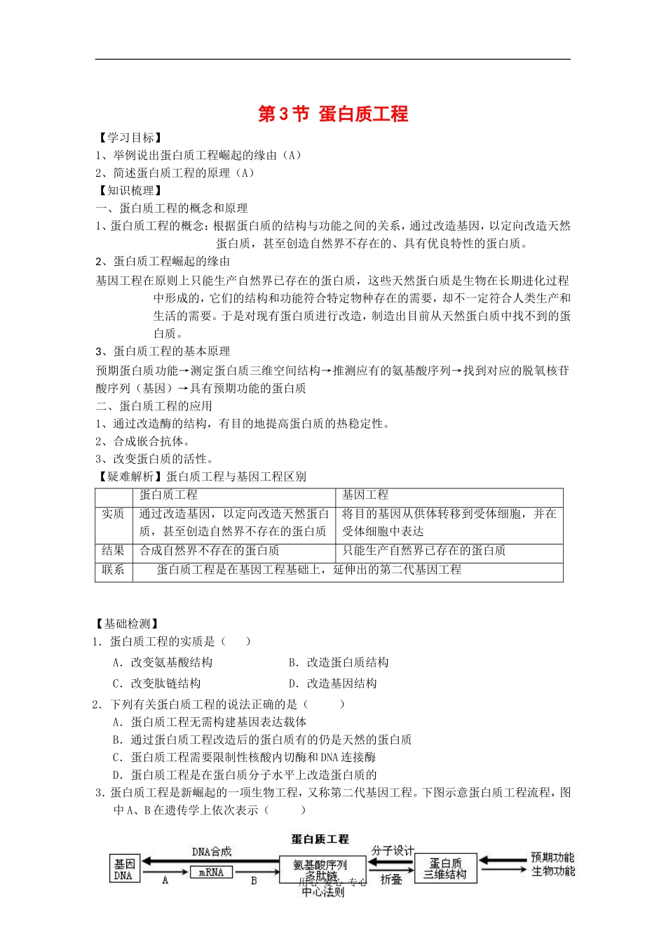 高中生物：1.1.3 蛋白质工程 学案（1）（中图版选修3）_第1页