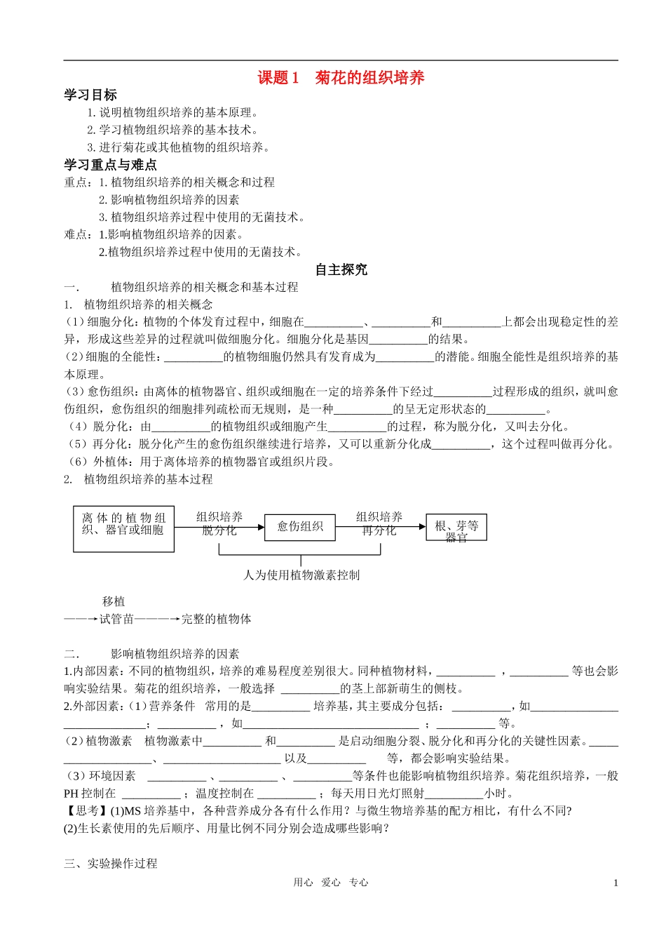 高中生物 课题1 菊花的组织培养预习学案 新人教版选修1_第1页