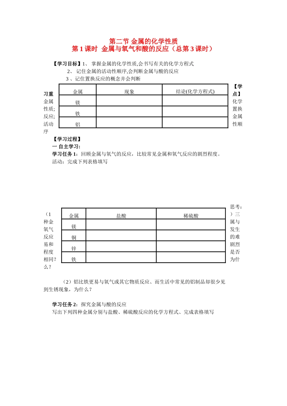 九年级化学下7.2金属的化学性质学案鲁教版_第1页