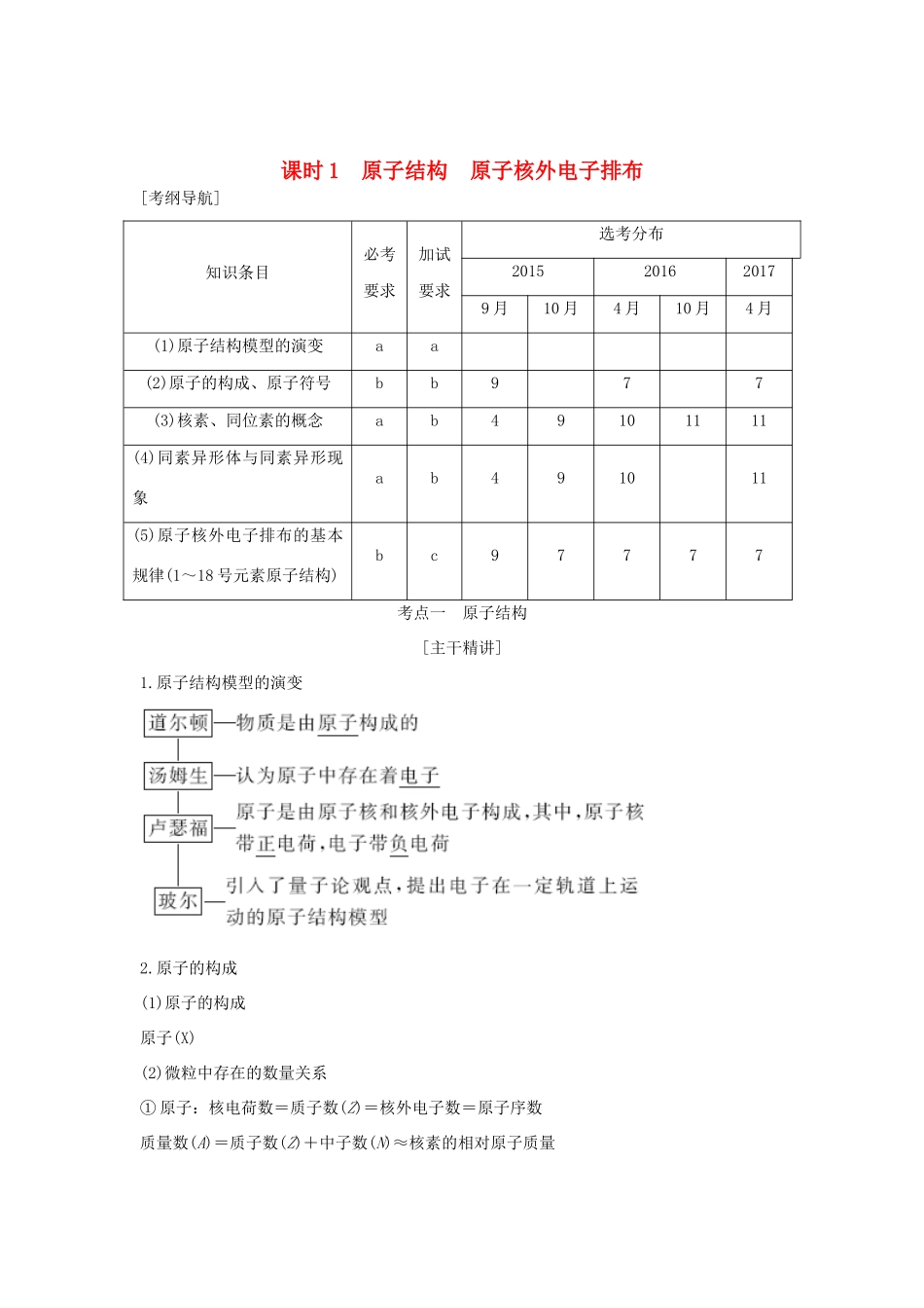 （浙江专版）高考化学大一轮复习 专题六 微观结构与物质的多样性 课时1 原子结构 原子核外电子排布学案-人教版高三全册化学学案_第1页