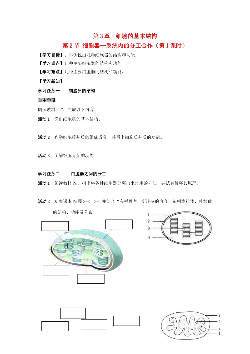 高中生物 第三章 细胞的基本结构 3.2 细胞器-系统内的分工合作学案2 新人教版必修1-新人教版高一必修1生物学案_第1页