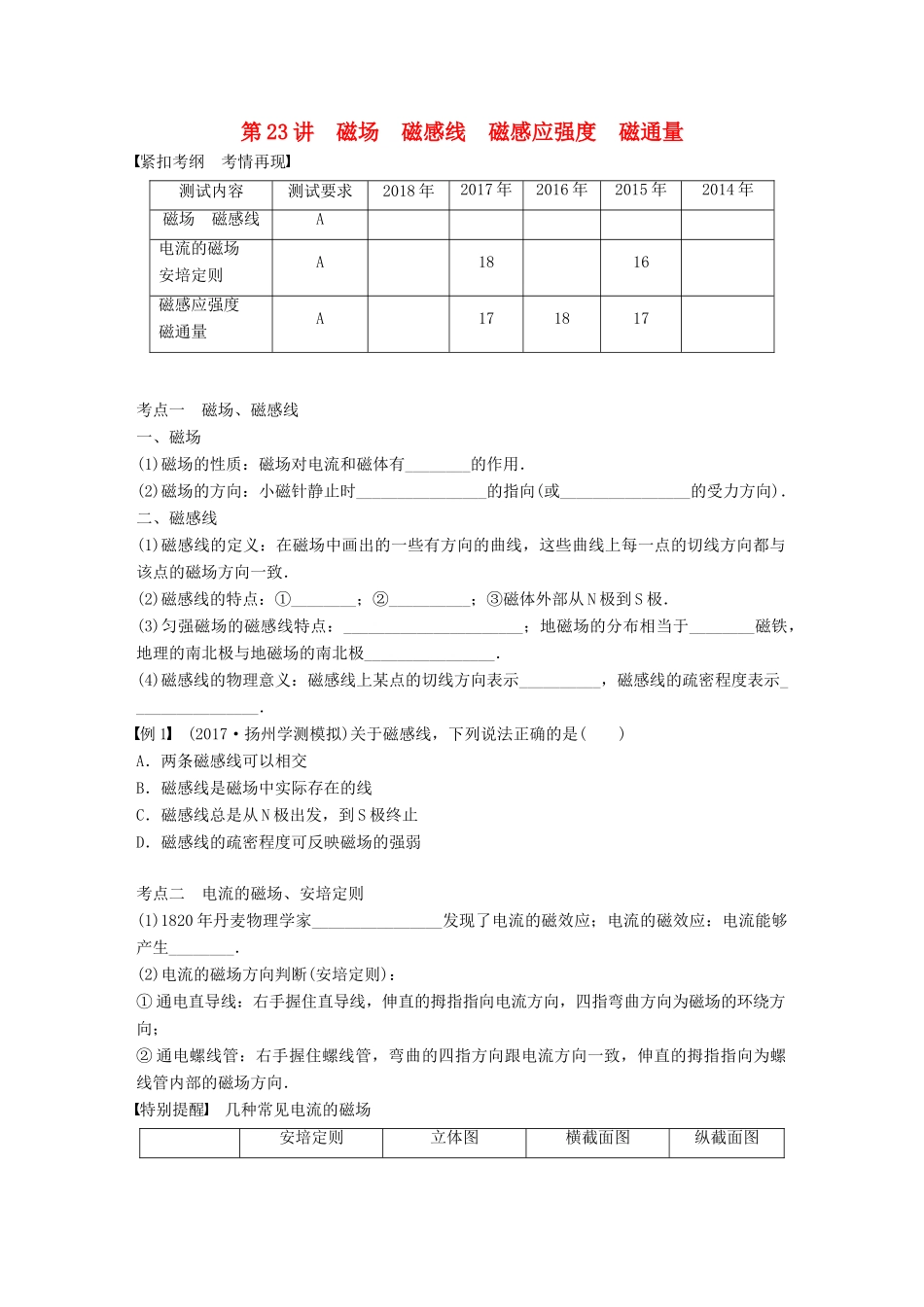 高中物理学业水平测试复习 第九章 磁场 第23讲 磁场 磁感线 磁感应强度 磁通量学案 选修1-1-人教版高二选修1-1物理学案_第1页