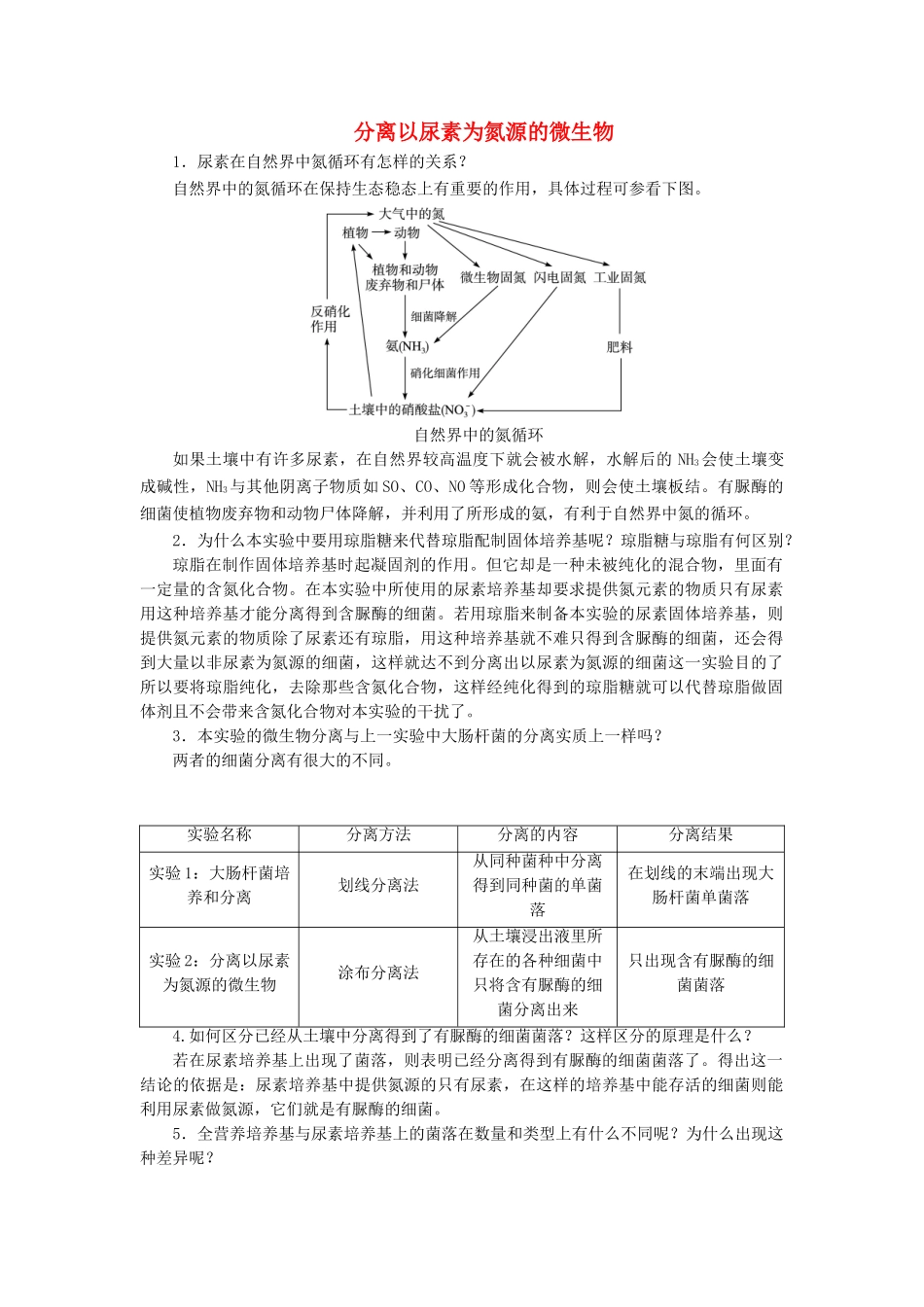 高中生物 实验2 分离以尿素为氮源的微生物学案 浙科版选修1-浙科版高中选修1生物学案_第1页