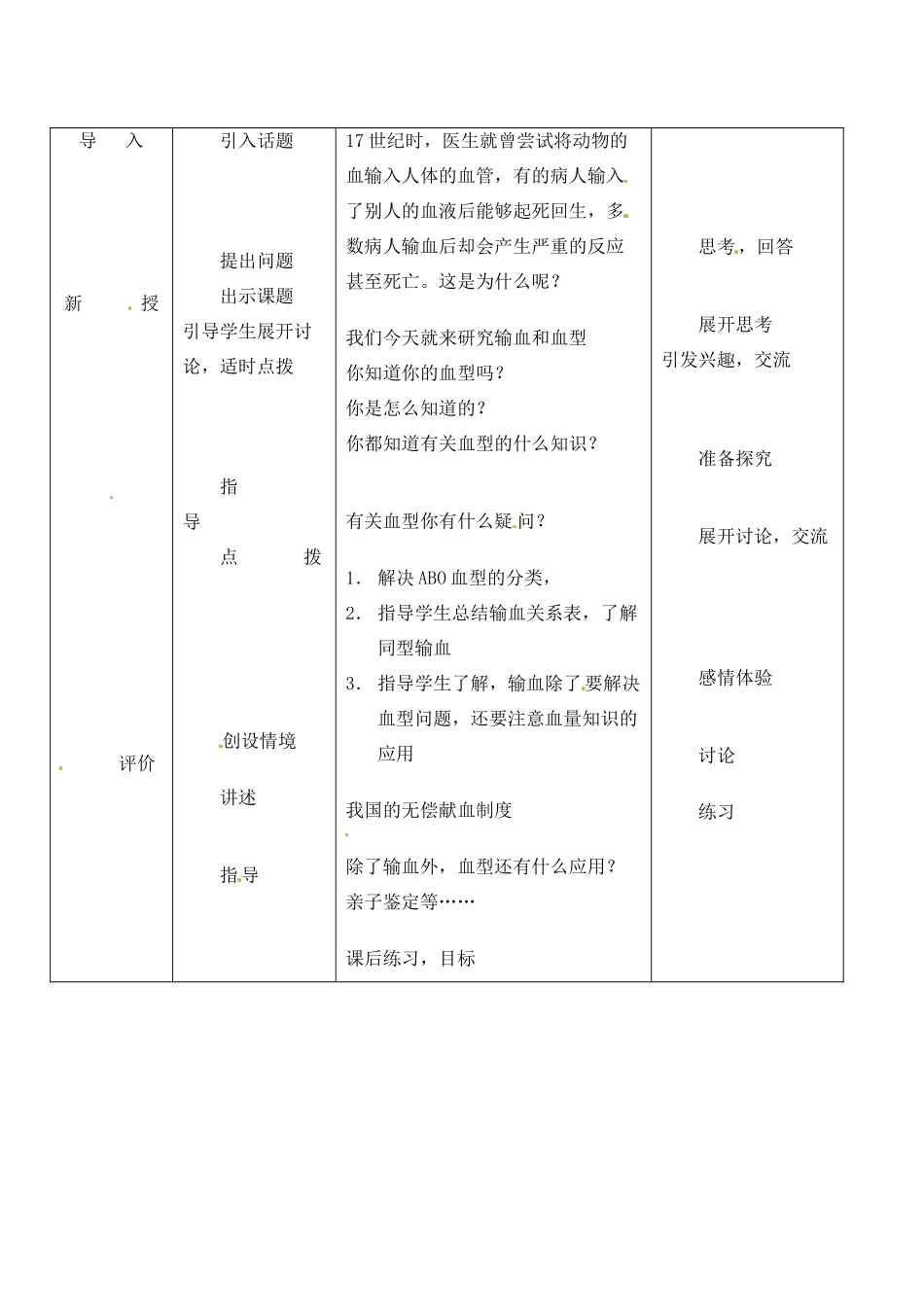 2013-2014学年七年级生物下册 第四章 人体内物质的运输 第四节 输血与血型教案2 新人教版_第2页