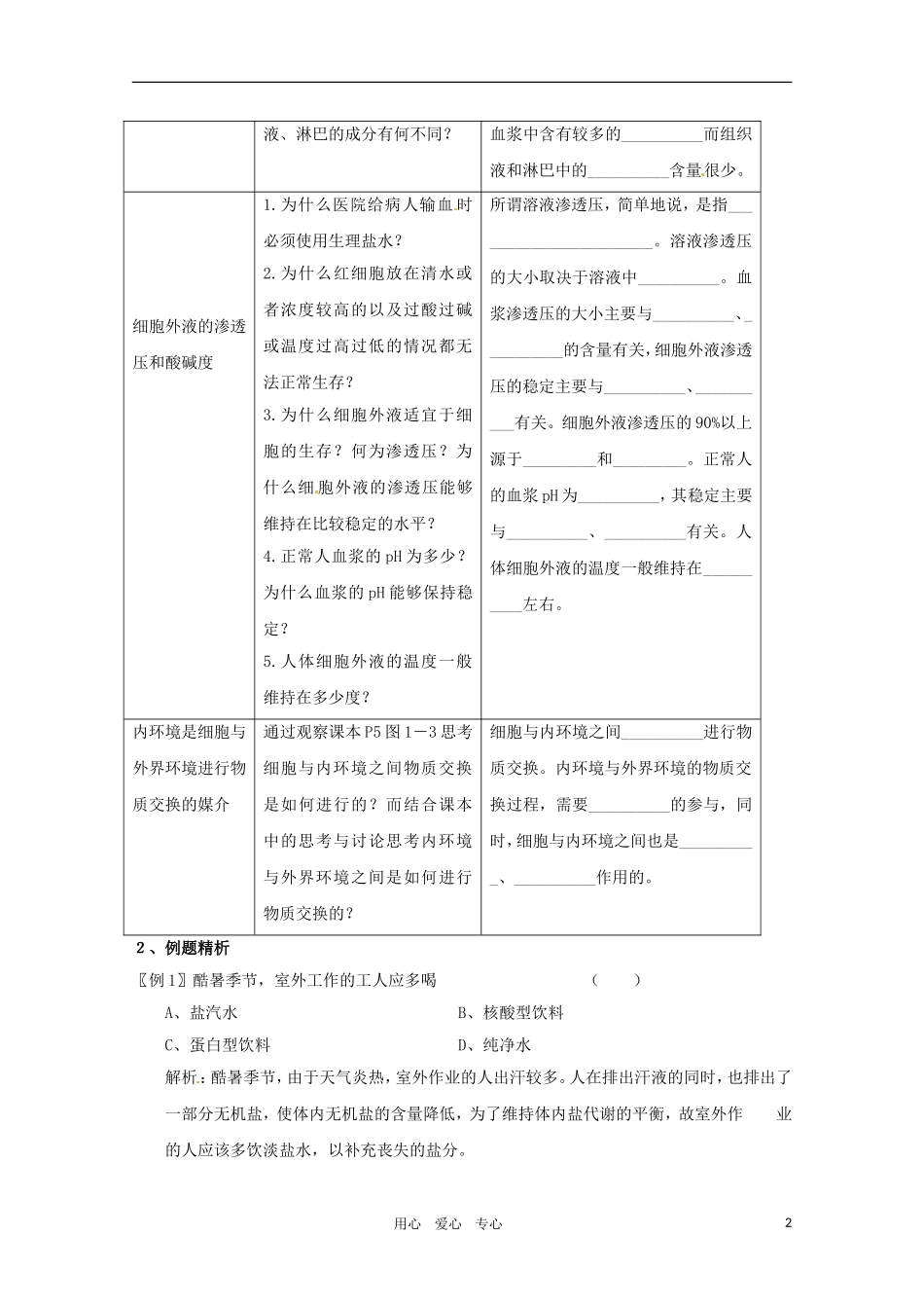 高中生物 细胞生活的环境精华学案 新人教版必修1_第2页