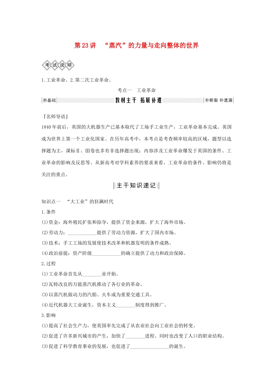 版高考历史总复习 专题九 走向世界的资本主义市场 第23讲“蒸汽”的力量与走向整体的世界学案（含解析）人民版-人民版高三全册历史学案_第1页
