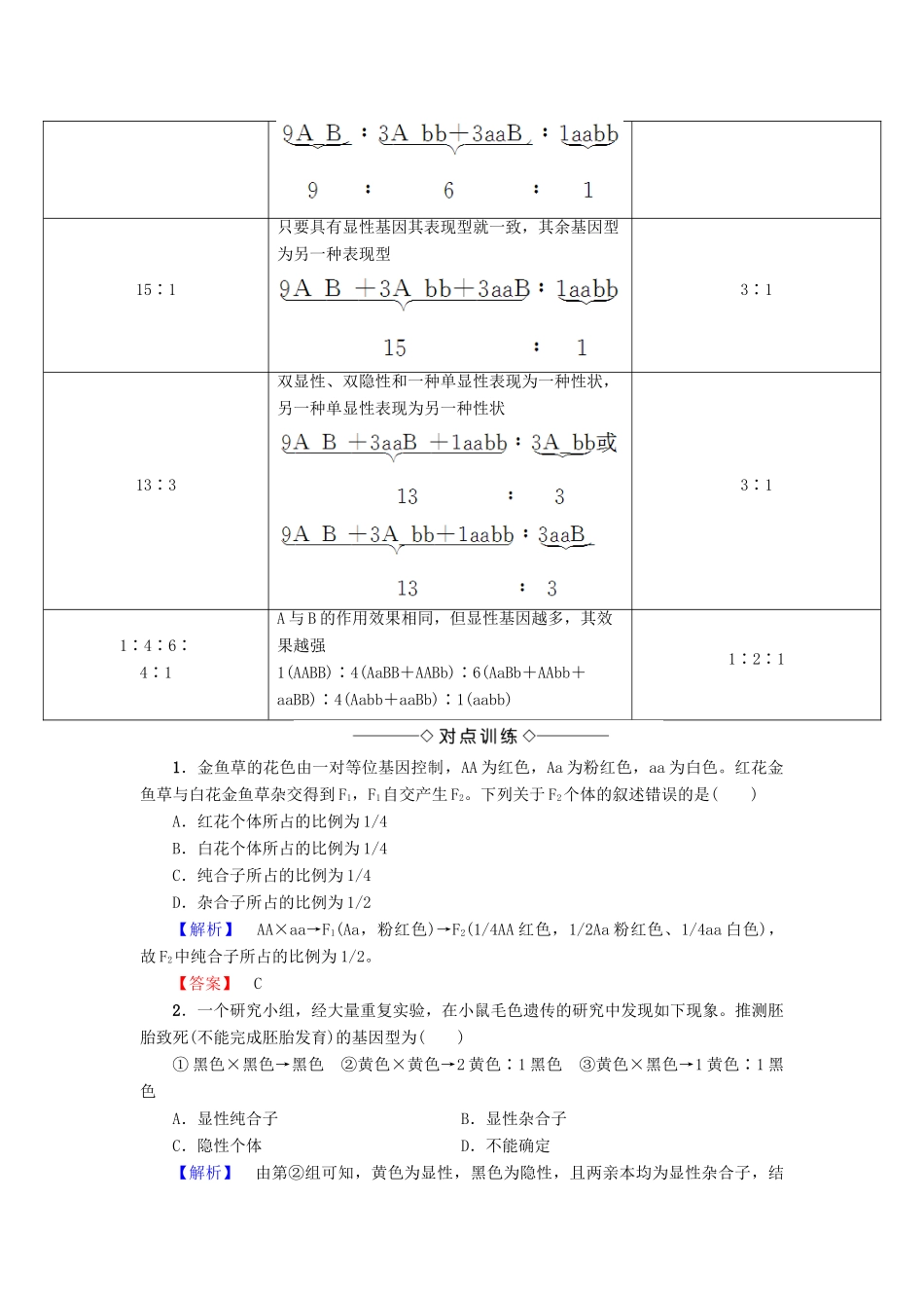 高中生物 第一章 遗传因子的发现 微专题突破 遗传定律中遗传特例分析学案 新人教版必修2-新人教版高一必修2生物学案_第2页