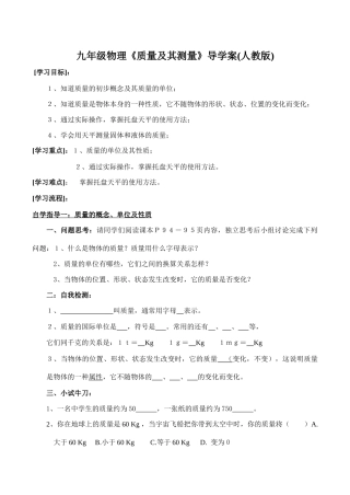 九年级物理《质量及其测量》导学案(人教版)