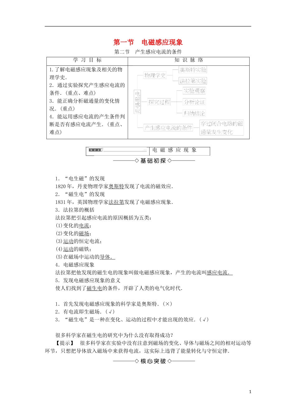 高中物理 第一章 电磁感应 第1节 电磁感应现象 第2节 产生感应电流的条件学案 粤教版选修3-2-粤教版高二选修3-2物理学案_第1页