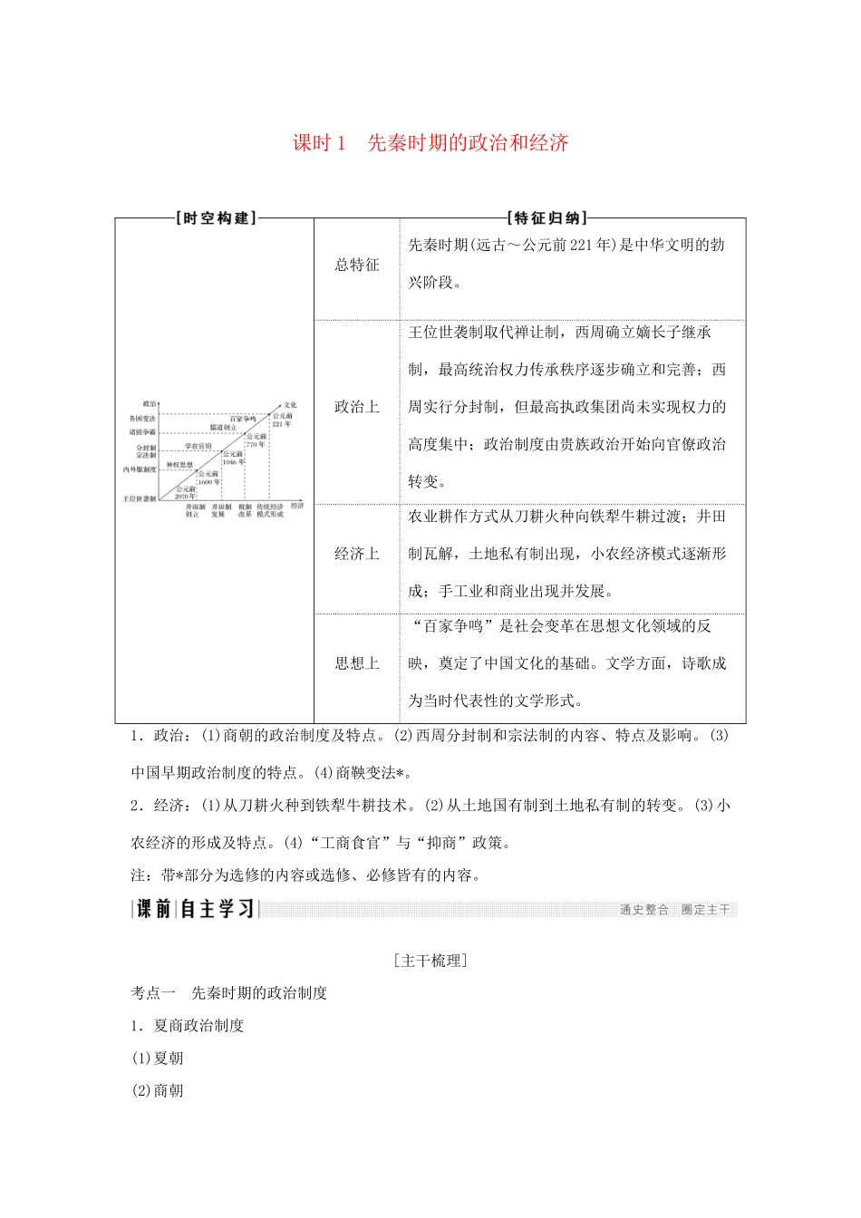 （通史版）高考历史大一轮复习 阶段一 中华文明的起源与奠基——先秦 课时1 先秦时期的政治和经济学案 岳麓版-岳麓版高三全册历史学案_第1页