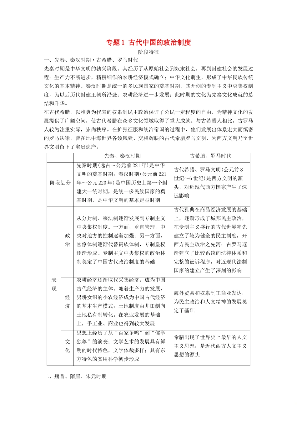 （全国版）高考历史总复习 板块一 古代中国与希腊罗马 专题1 古代中国的政治制度学案-人教版高三全册历史学案_第1页
