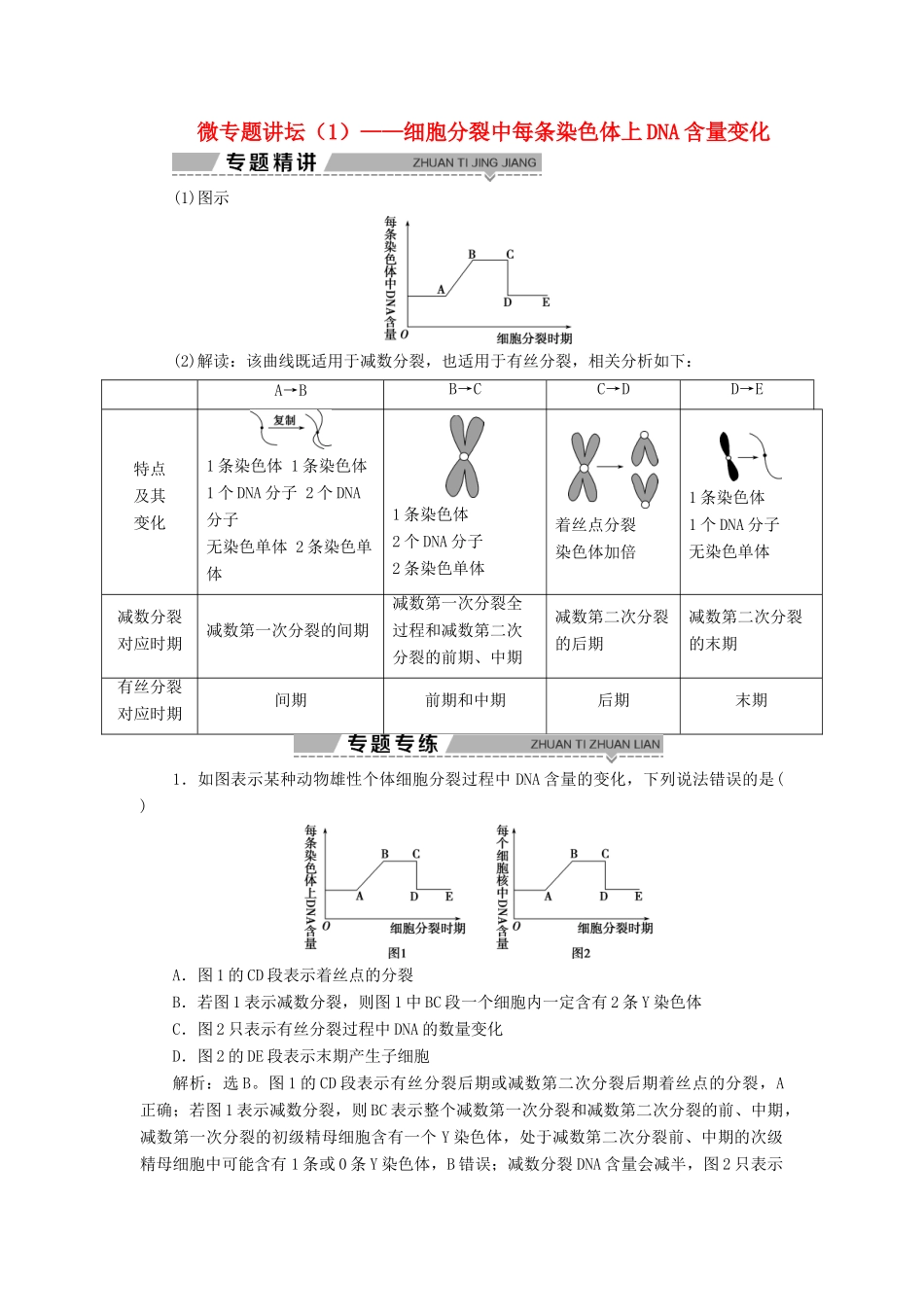 高中生物 第二章 减数分裂和有性生殖 微专题讲坛（1）——细胞分裂中每条染色体上DNA含量变化学案 苏教版必修2-苏教版高一必修2生物学案_第1页