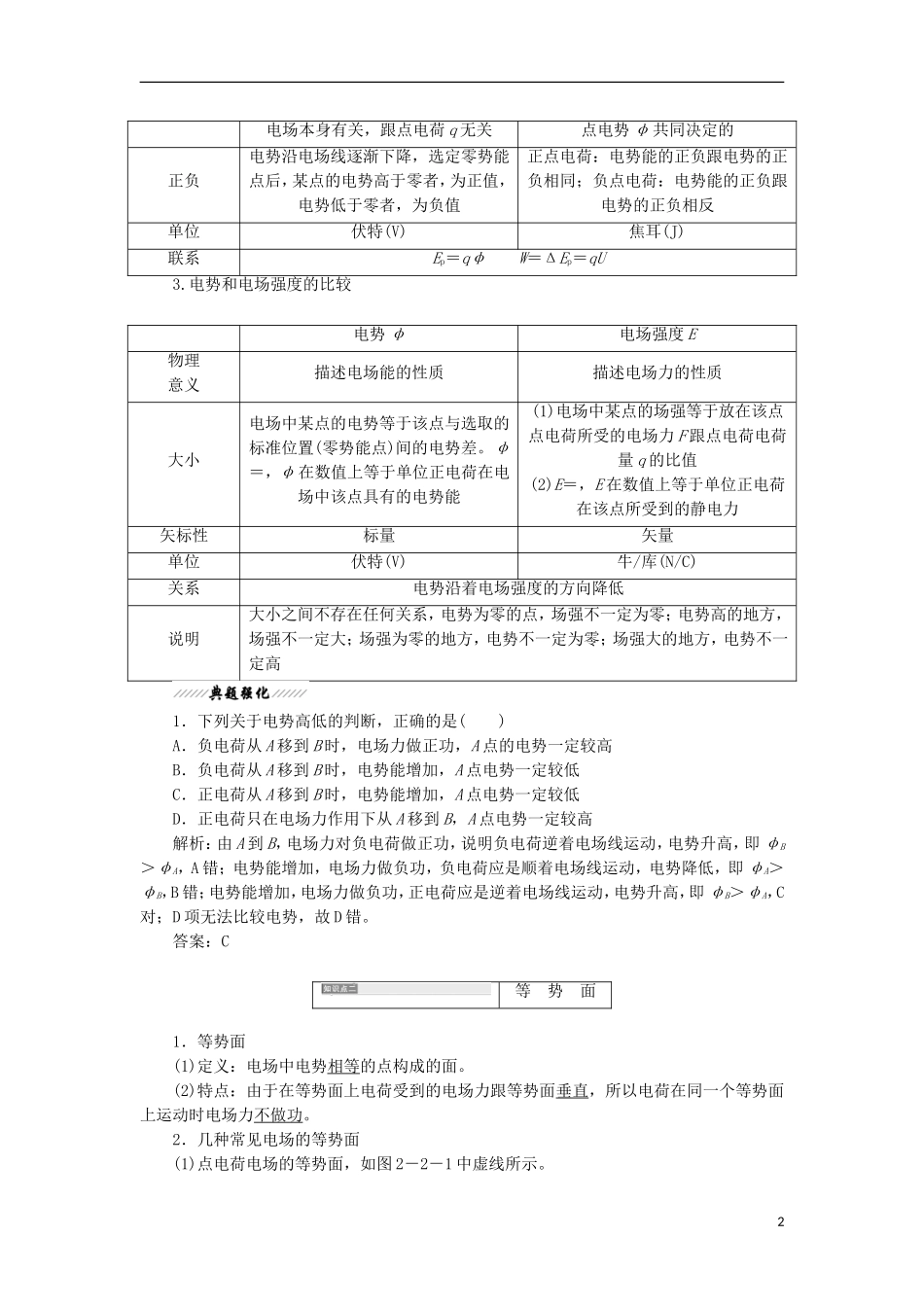 高中物理 第2章 电势能与电势差 第2节 电势与等势面学案 鲁科版选修3-1-鲁科版高二选修3-1物理学案_第2页