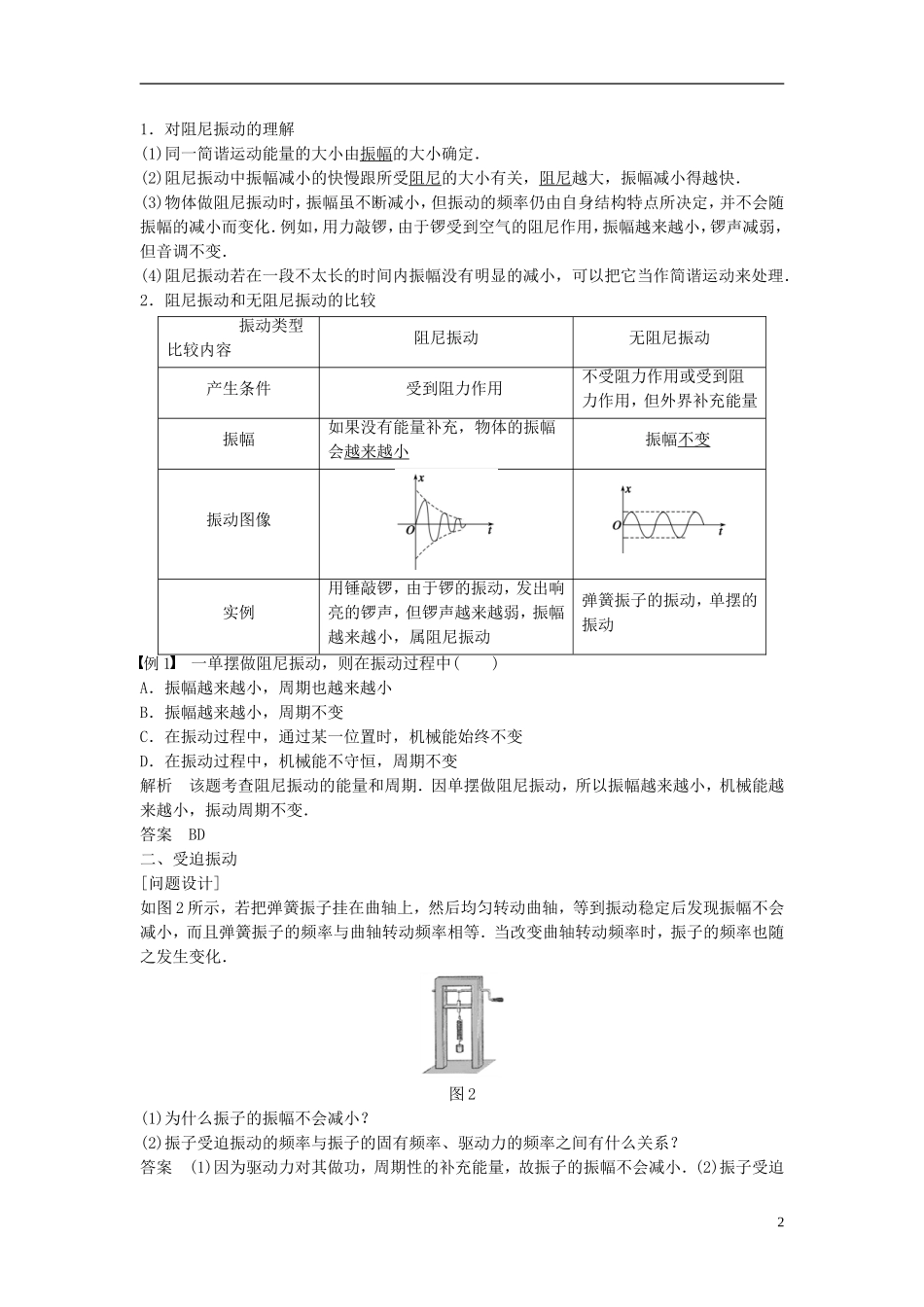 高中物理 第1章 机械振动 1.4 受迫振动与共振学案 沪科版选修3-4-沪科版高二选修3-4物理学案_第2页