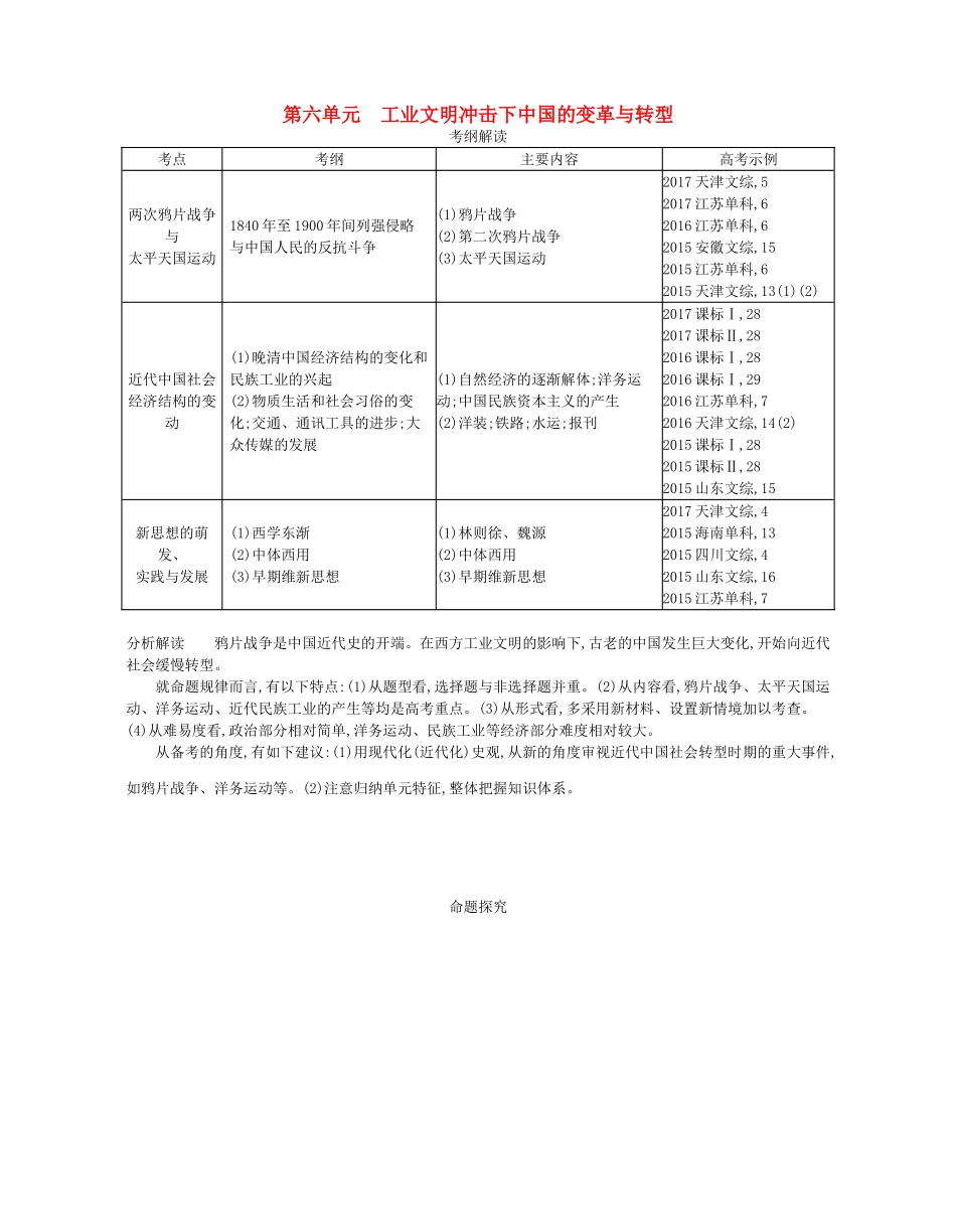（新课标版）高考历史一轮复习 第六单元 工业文明冲击下中国的变革与转型讲学案-人教版高三全册历史学案_第1页