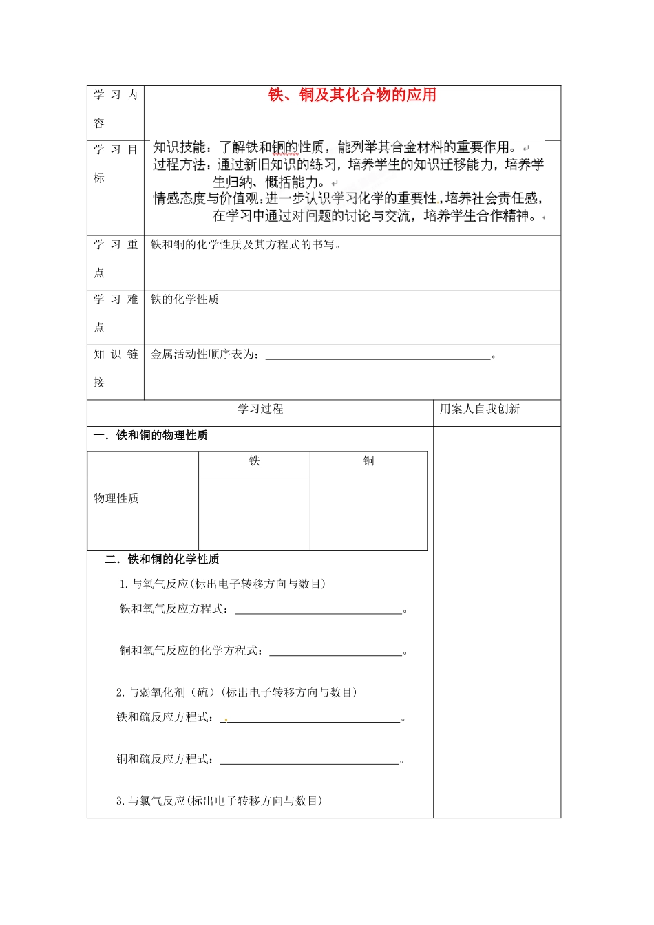 【名校联盟】江苏省新沂市王楼中学高一化学《3.5铁和铜的性质》学案_第1页