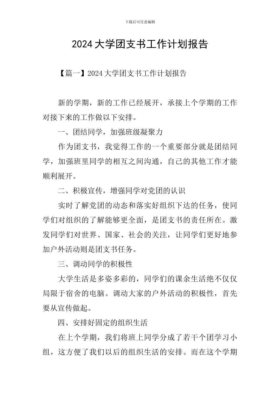 2024大学团支书工作计划报告_第1页