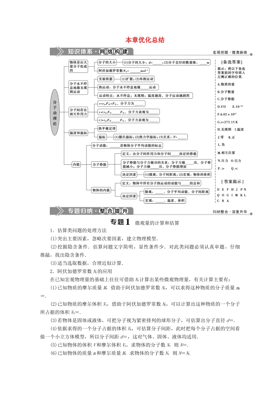 高中物理 第七章 分子动理论本章优化总结学案 新人教版选修3-3-新人教版高二选修3-3物理学案_第1页