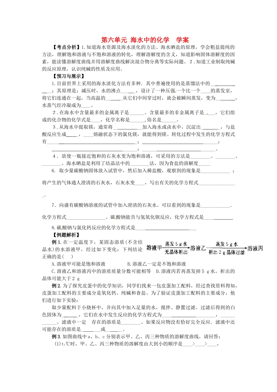 九年级化学 第六单元《海水中的化学》学案（无答案） 鲁教版_第1页