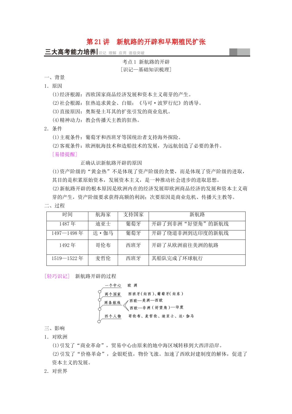 （通史版通用）高考历史一轮总复习 第3部分 世界古代近代史 第7单元 第21讲 新航路的开辟和早期殖民扩张学案-人教版高三全册历史学案_第1页