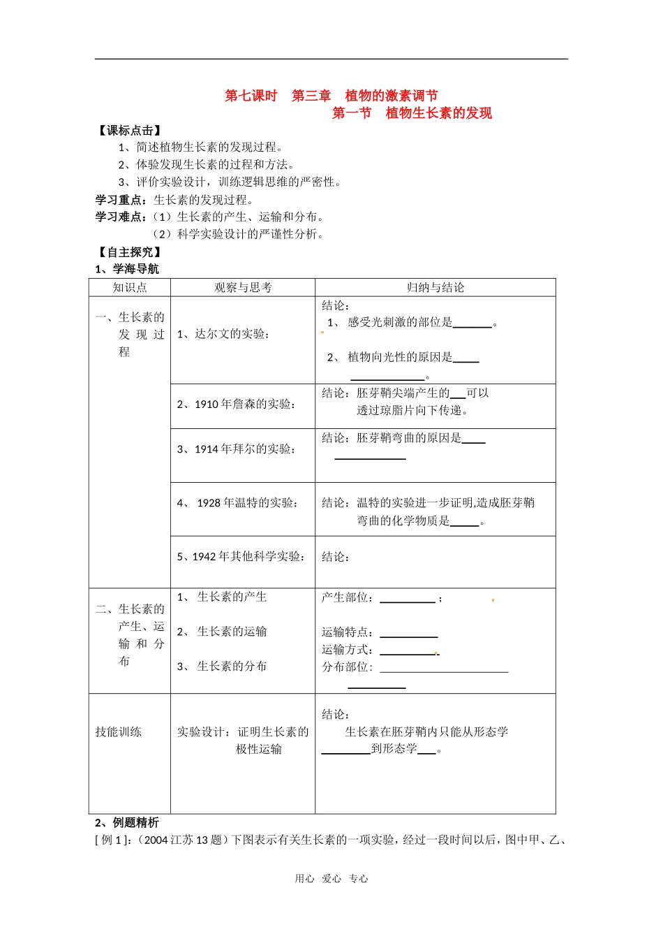 高中生物： 31 植物生长素的发现（学案）新人教版必修3_第1页