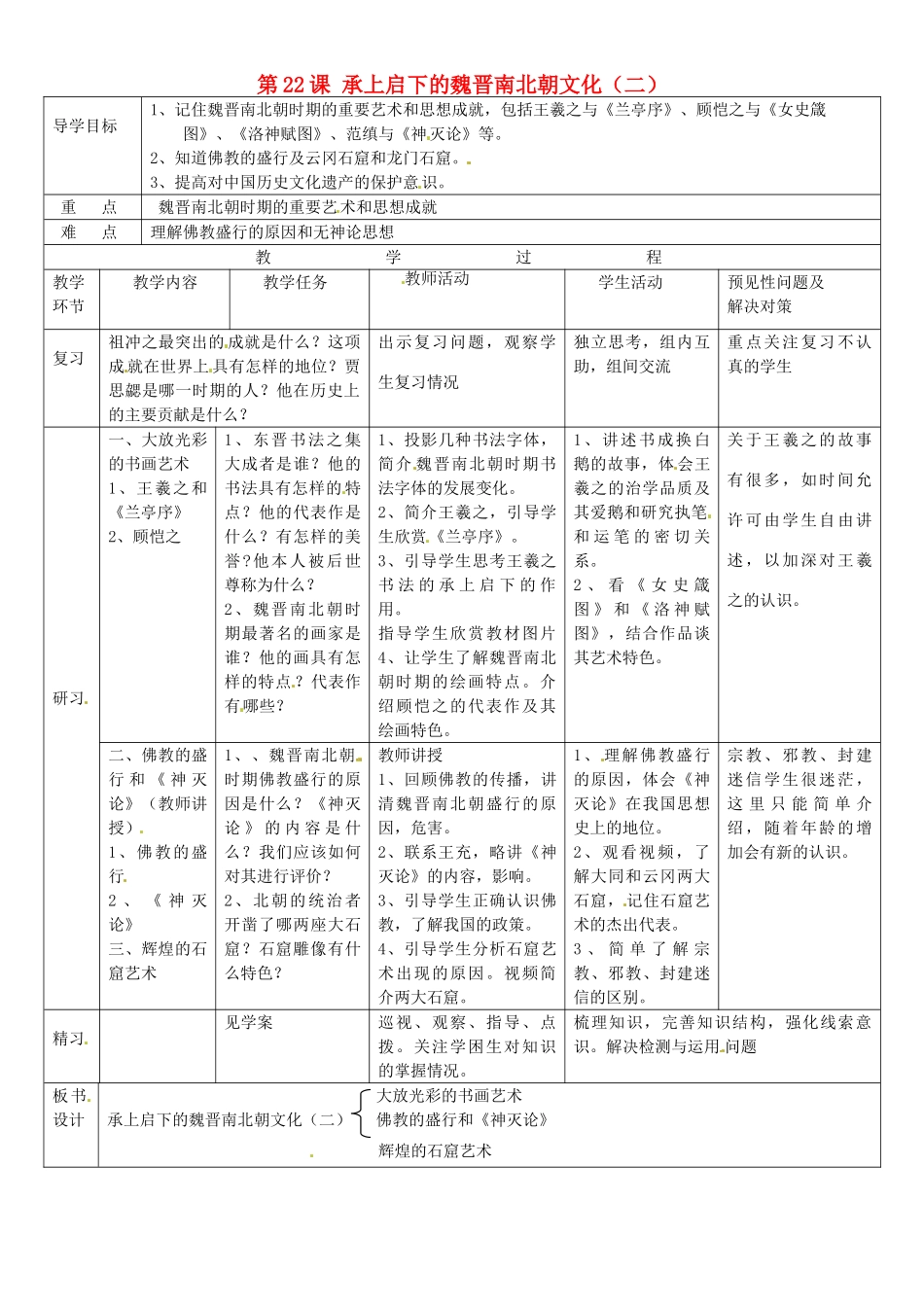 吉林省通化市外国语中学七年级历史上册 第22课 承上启下的魏晋南北朝文化（二）导学案 新人教版_第1页