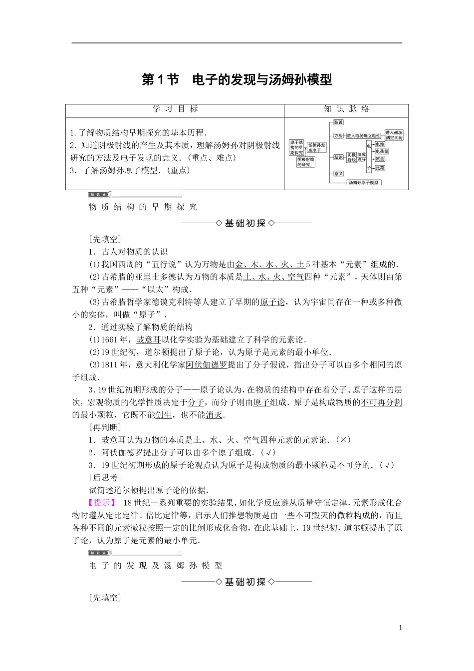 高中物理 第2章 原子结构 第1节 电子的发现与汤姆孙模型教师用书 鲁科版选修3-5-鲁科版高二选修3-5物理学案_第1页