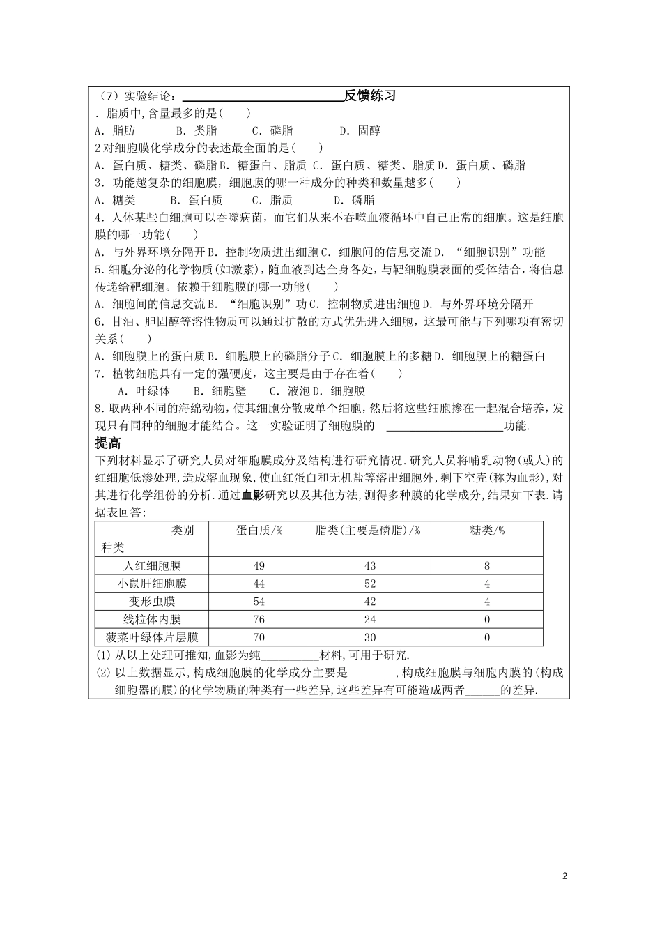 高中生物《细胞膜——系统的边界》学案3 新人教版必修1_第2页