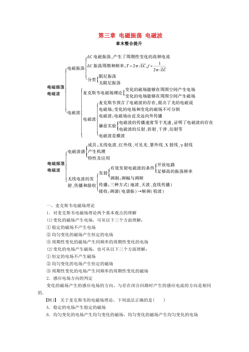 高中物理 第三章 电磁振荡 电磁波章末整合提升学案 教科版选修3-4-教科版高二选修3-4物理学案_第1页