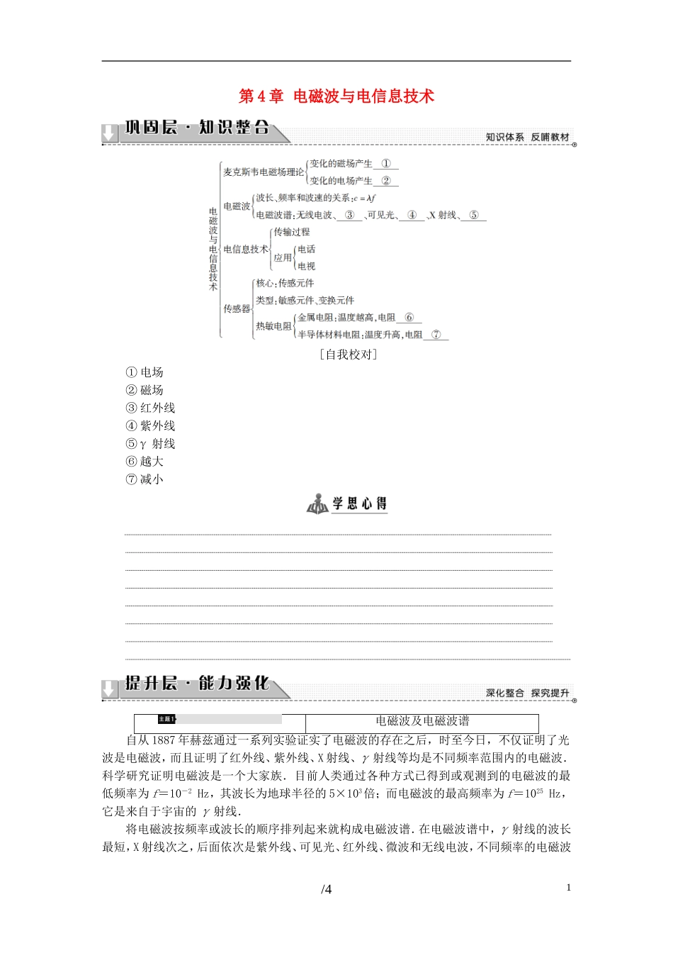 高中物理 第4章 电磁波与电信息技术章末分层突破教师用书 教科版选修1-1-教科版高二选修1-1物理学案_第1页