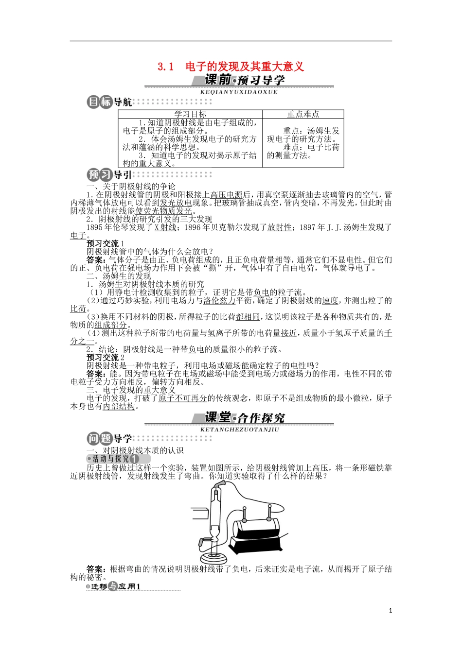 高中物理 第3章 原子世界探秘 3.1 电子的发现及其重大意义学案 沪科版选修3-5-沪科版高二选修3-5物理学案_第1页
