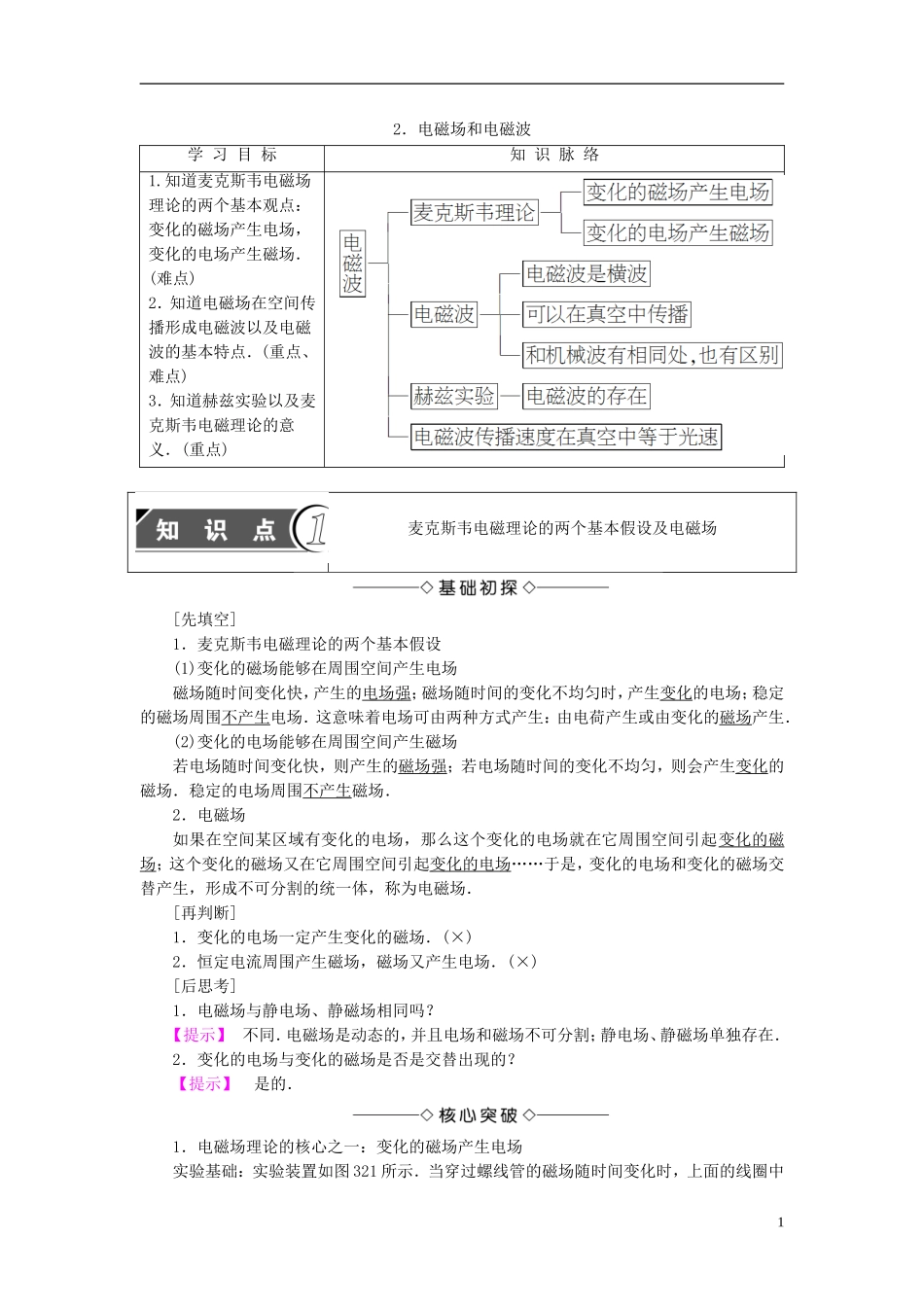 高中物理 第3章 电磁振荡 电磁波 2 电磁场和电磁波教师用书 教科版选修3-4-教科版高二选修3-4物理学案_第1页