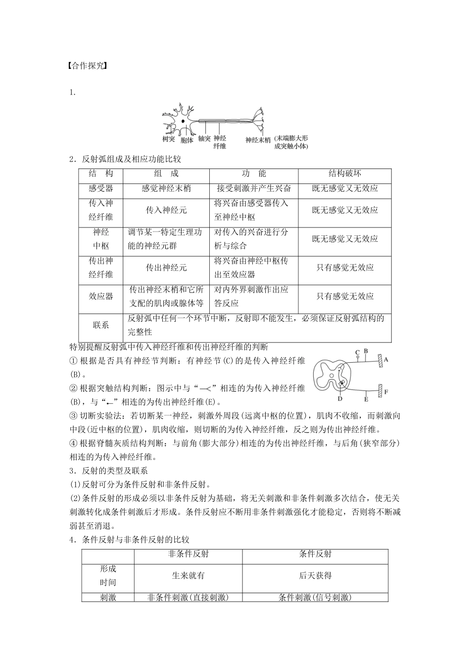高中生物 第一单元 生物个体的稳态与调节 第三章 动物稳态维持的生理基础 第二节 反射活动的基本原理学案 中图版必修3-中图版高一必修3生物学案_第2页