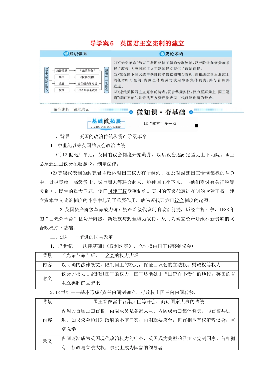 （赢在微点）高考历史总复习 6 英国君主立宪制的建立导学案（含解析）新人教版-新人教版高三全册历史学案_第1页