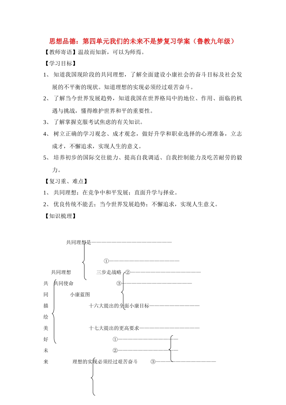 九年级思想品德 第四单元我们的未来不是梦复习学案 鲁教版_第1页