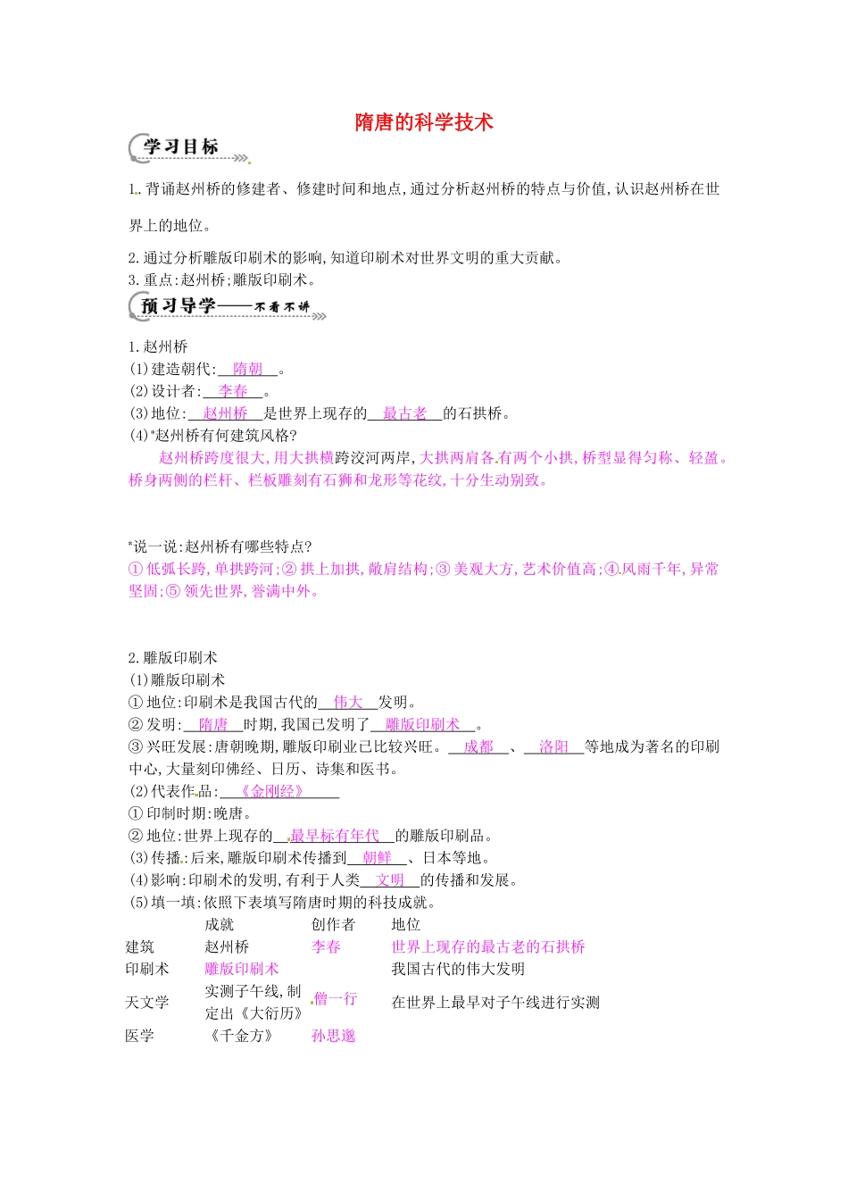 七年级历史下册 第五单元 第6课 隋唐的科学技术学案 岳麓版-岳麓版初中七年级下册历史学案_第1页