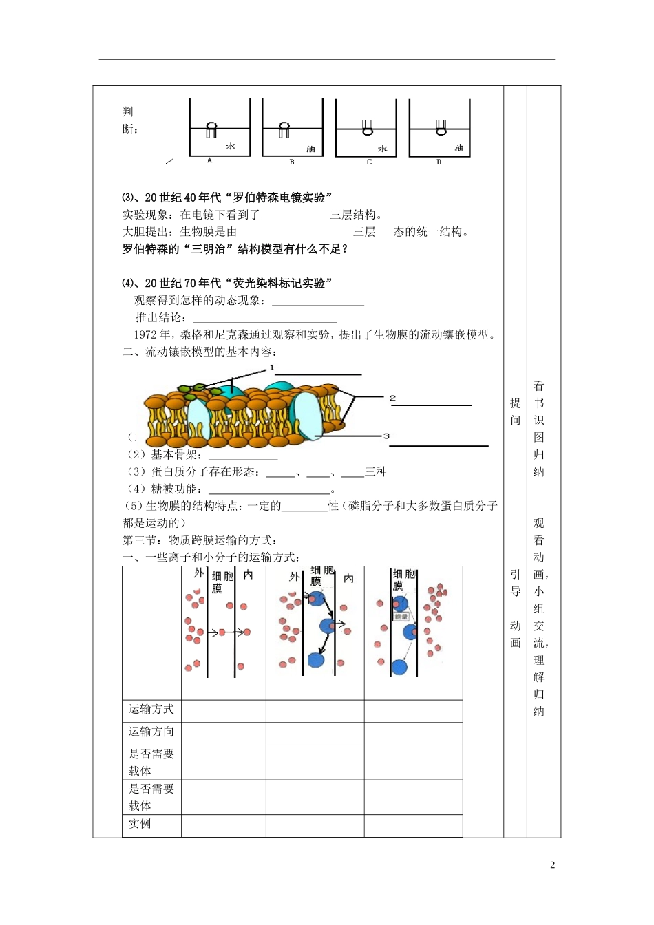 高中生物 第四章 细胞的物质输入和输出 第二节 生物膜的流动镶嵌模型学案 新人教版必修1-新人教版高一必修1生物学案_第2页