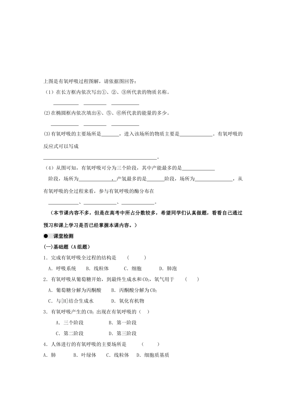 高中生物 第五章 细胞的能量供应和利用 5.3 ATP的主要来源-----细胞呼吸（1）学案 新人教版必修1-新人教版高一必修1生物学案_第2页