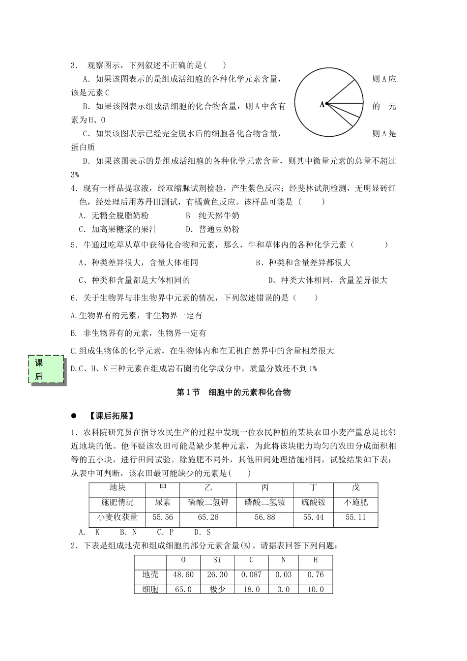 高中生物 第二章 组成细胞的分子 2.1 细胞中的元素和化合物1学案 新人教版必修1-新人教版高一必修1生物学案_第3页
