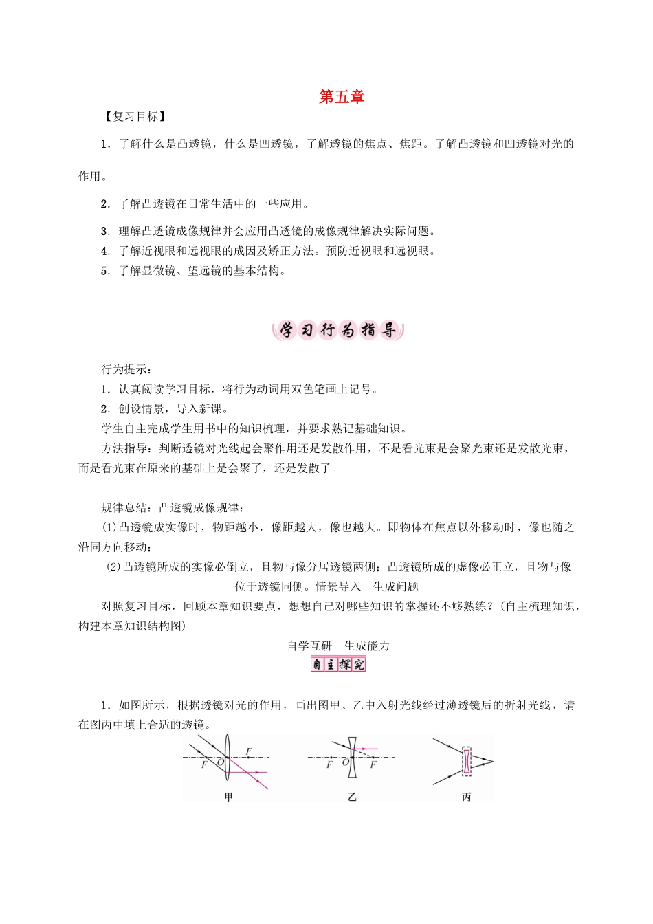 秋八年级物理上册 5 透镜及其应用复习学案 （新版）新人教版-（新版）新人教版初中八年级上册物理学案_第1页