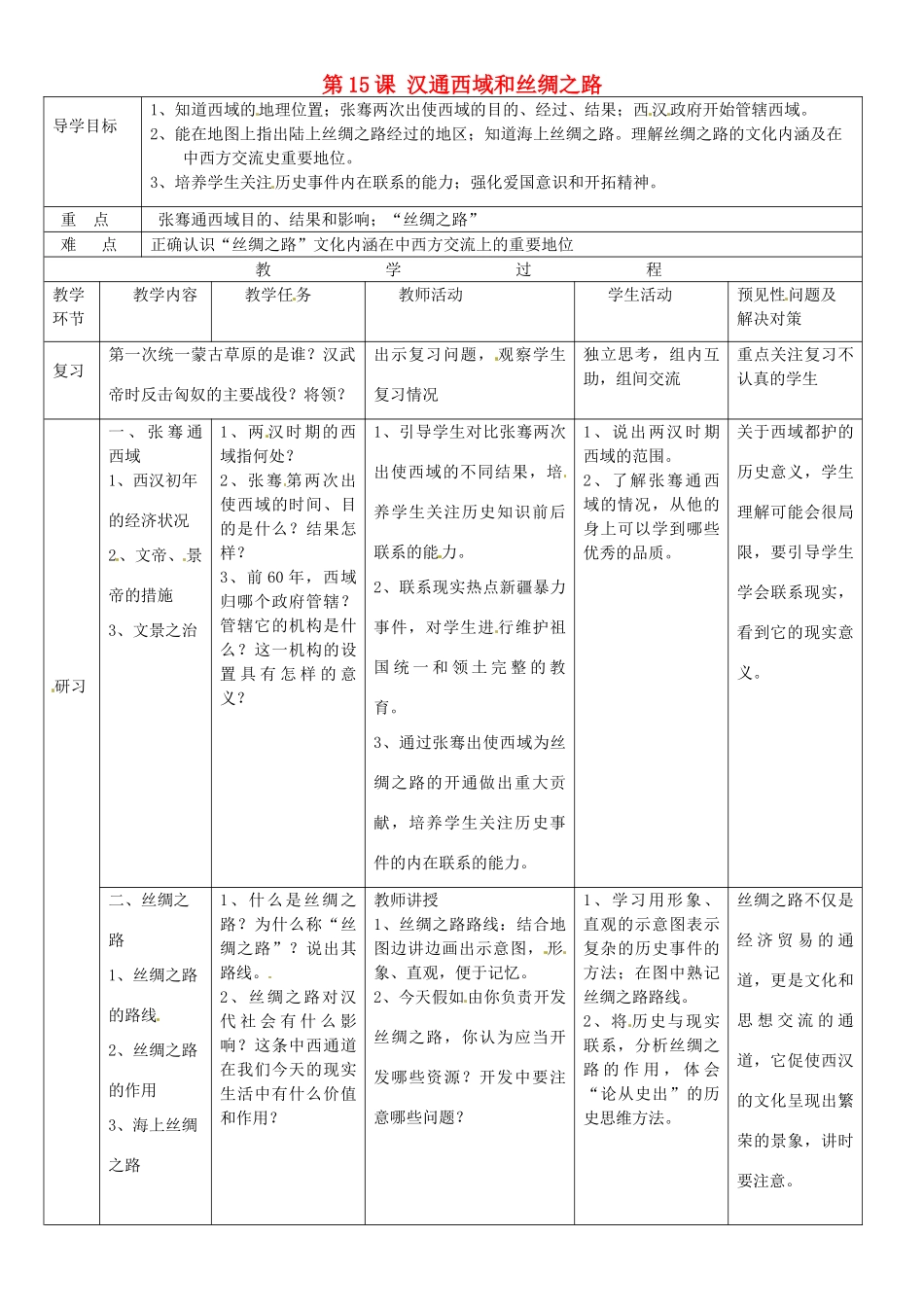 吉林省通化市外国语中学七年级历史上册 第15课 汉通西域和丝绸之路导学案 新人教版_第1页