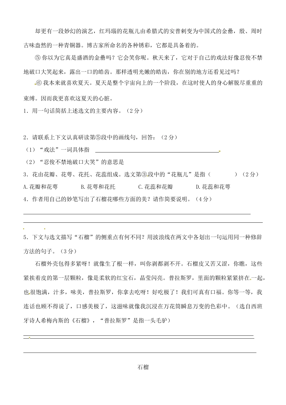 江苏省南通市紫石中学八年级语文《石榴》学案 人教新课标版_第3页