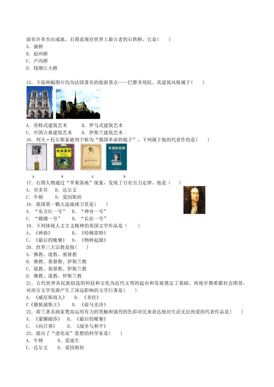 山西省阳泉市平定县中考历史 专题复习与突破 第二部分 专题三 中外史上的科技、思想与文化昌兴导学案 华东师大版-华东师大版初中九年级全册历史学案_第3页