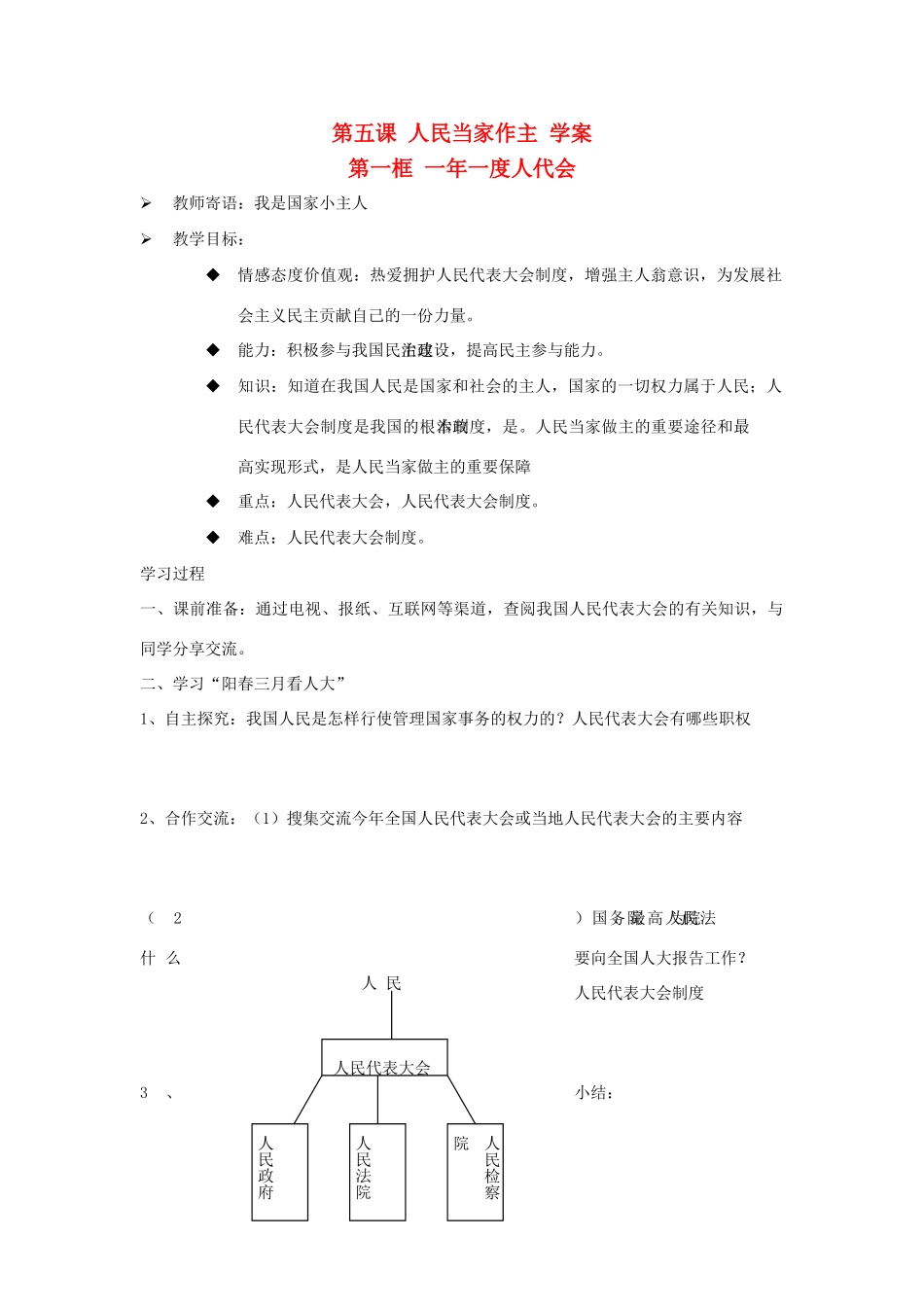 九年级政治：第五课《人民当家作主》学案鲁教版_第1页