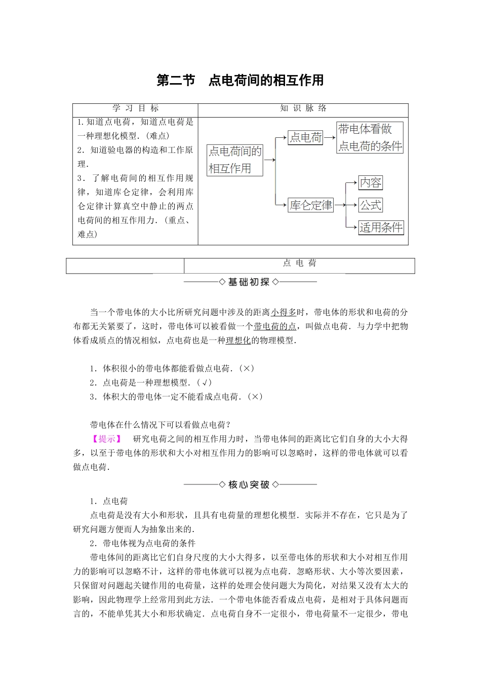 高中物理 第1章 电与磁 第2节 点电荷间的相互作用学案 粤教版选修1-1-粤教版高二选修1-1物理学案_第1页